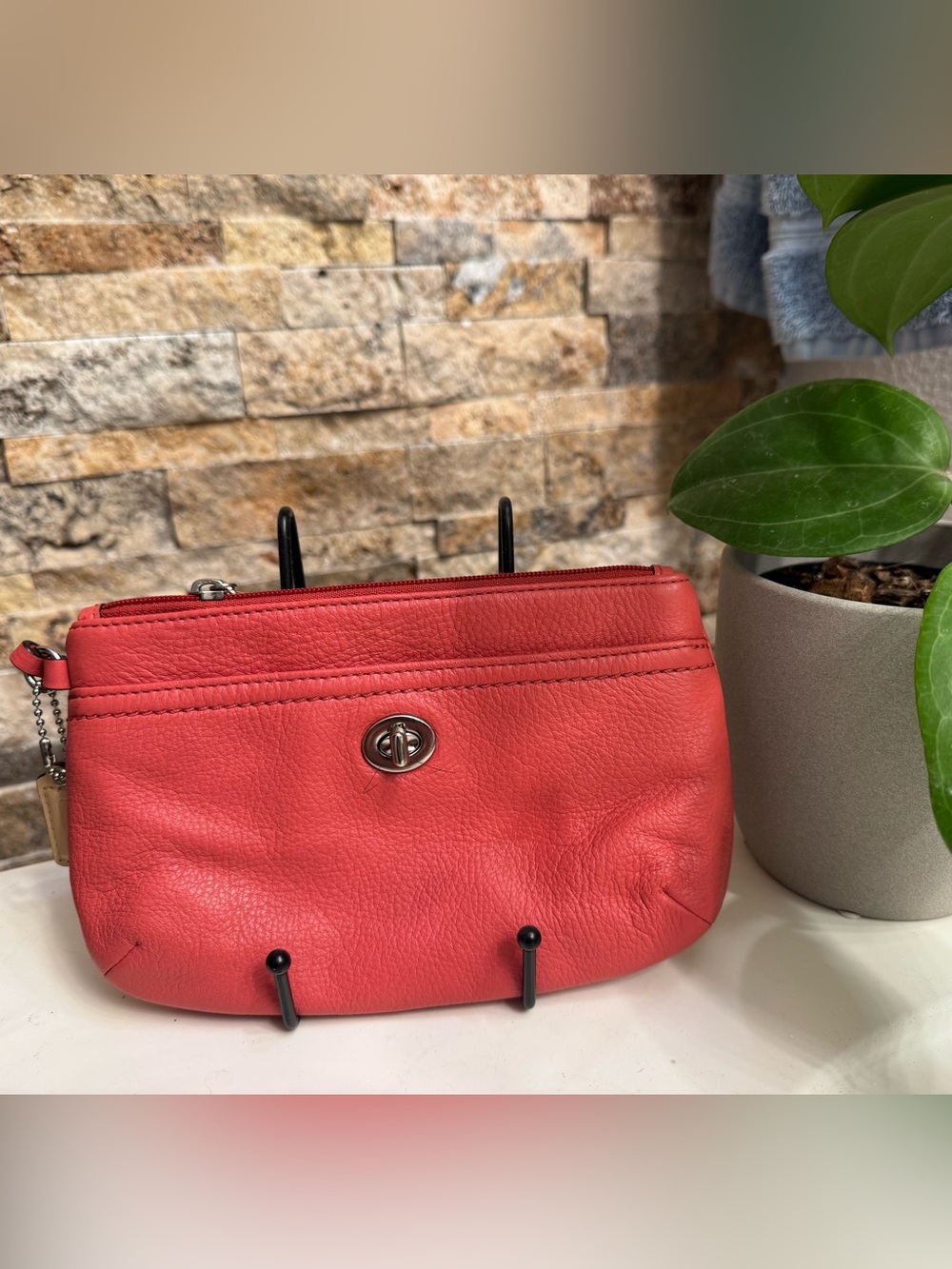 Coach Coral Red Leather Turn-Lock Wristlet